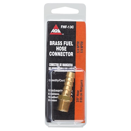 Ags Brass Fuel Connector, 3/8 Hose, Male (1/4-18 NPT), 1/card FHF-13C